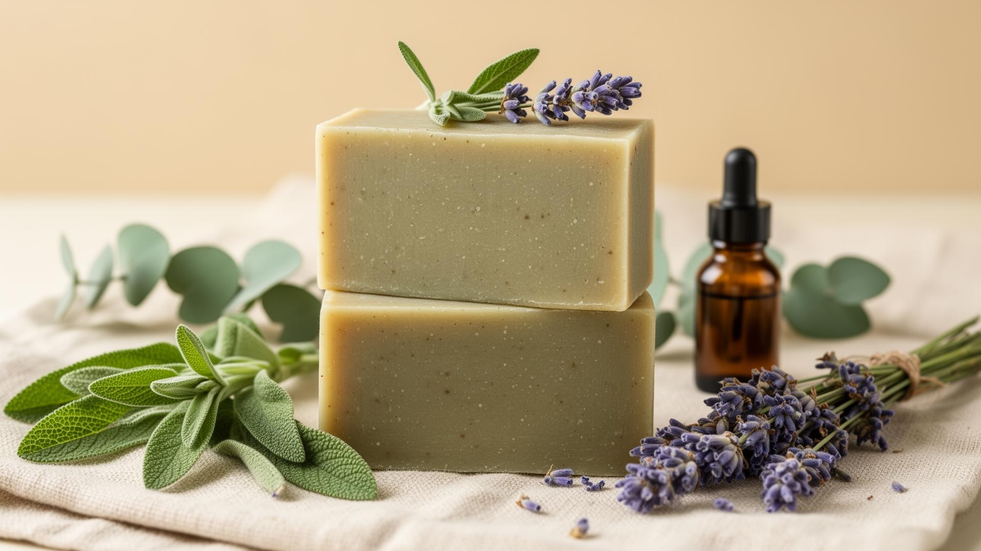Handcrafted natural soap with sage, lavender and an amber dropper bottle